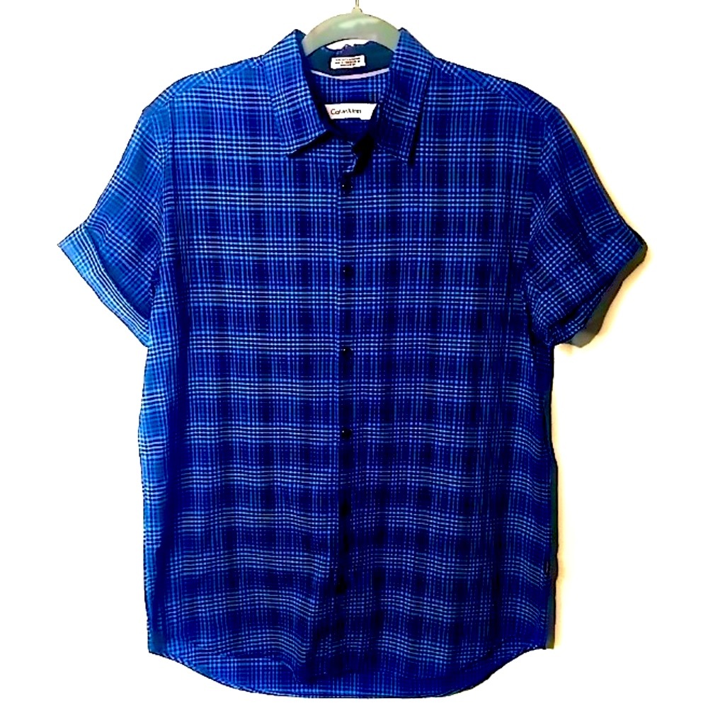 [Calvin Klein] Men’s Medium Adjustable Short Sleeve Plaid Button Down Sh…
